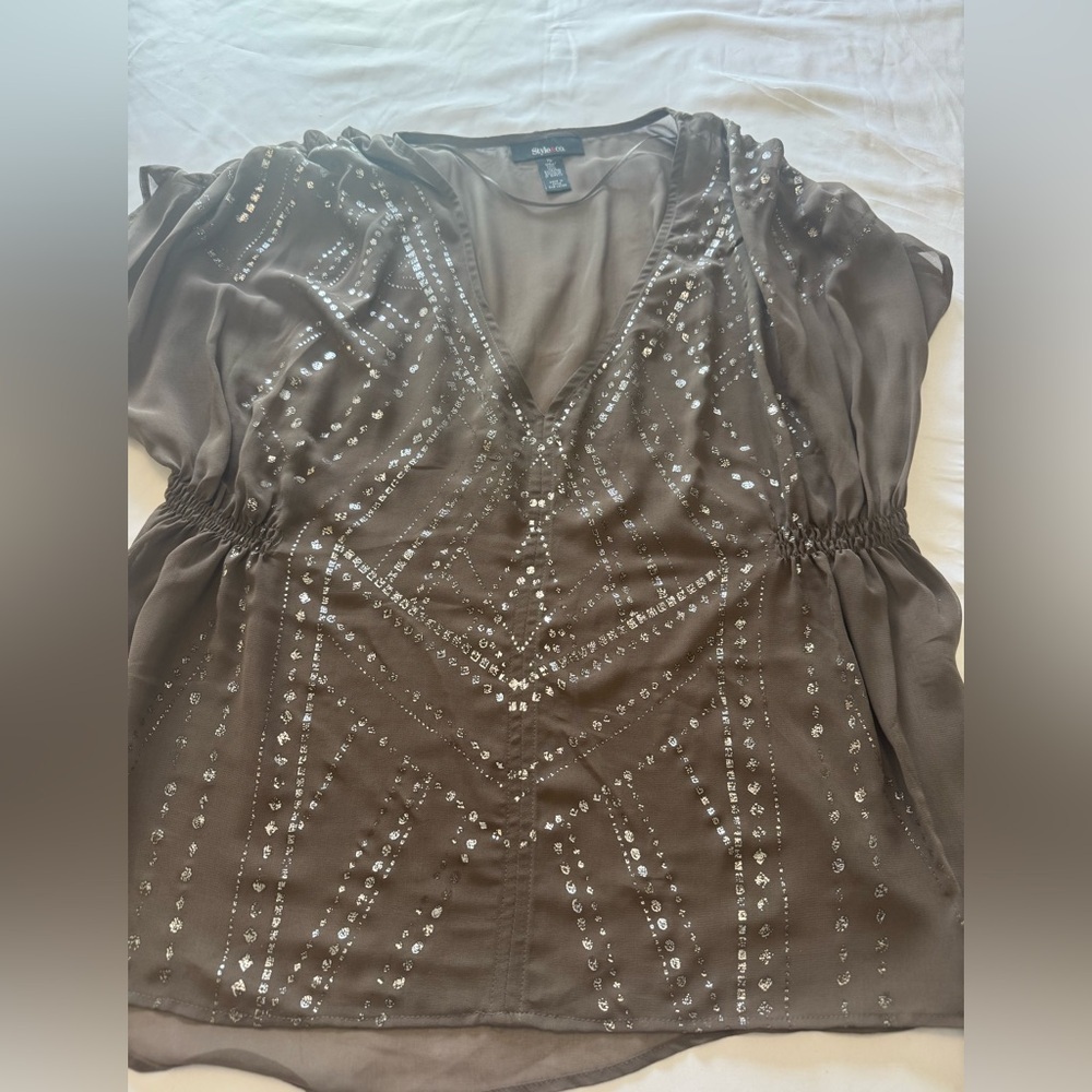 Style & Co. Brown Embellished V-Neck Tunic